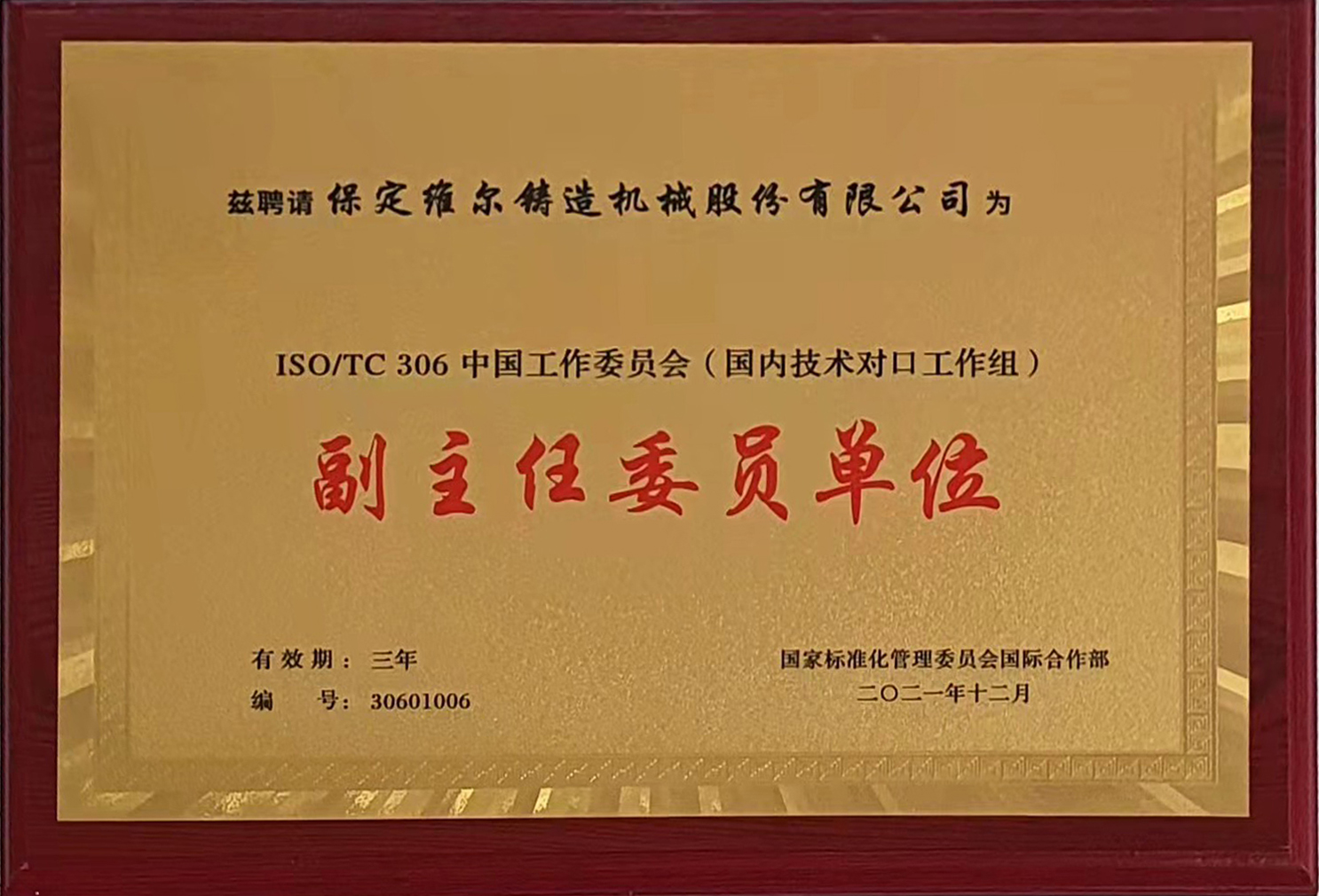 国际标准化组织铸造机械手艺委员会 (ISO/TC306)中国是情委员会副主任委员单位